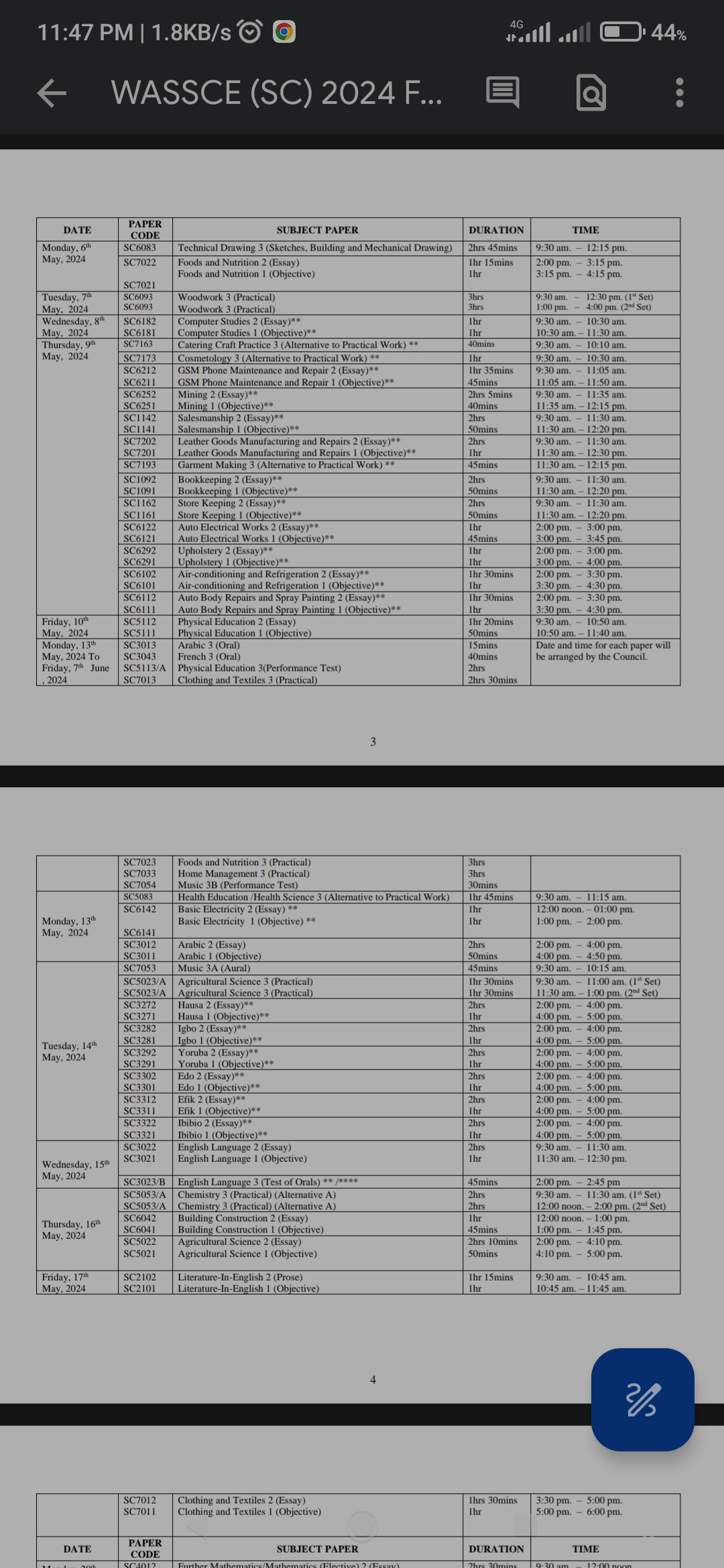 WAEC Timetable for science art and commercial 2024