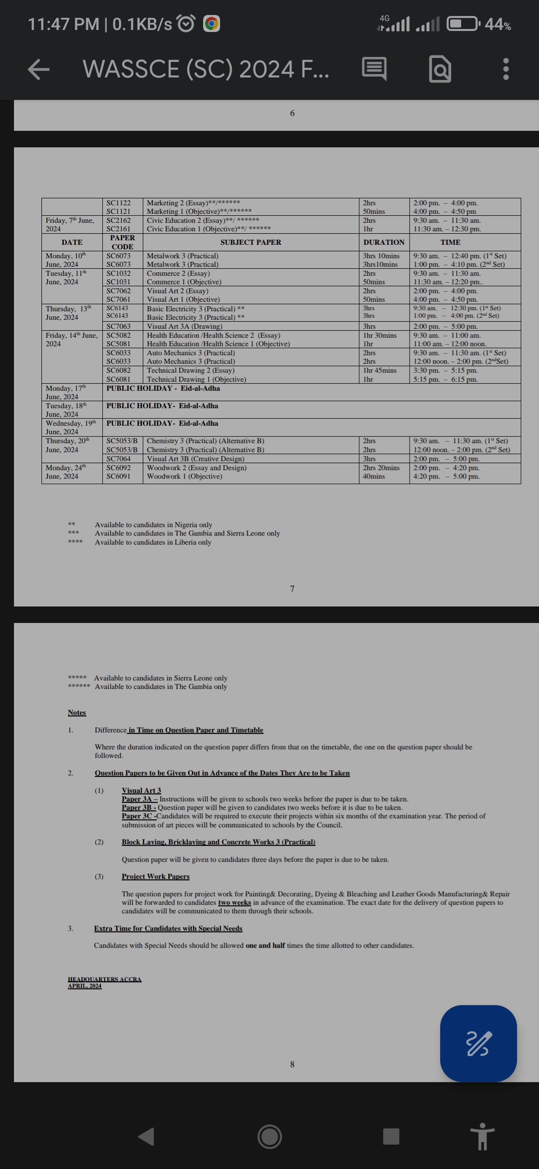 WAEC Timetable for science art and commercial 2024